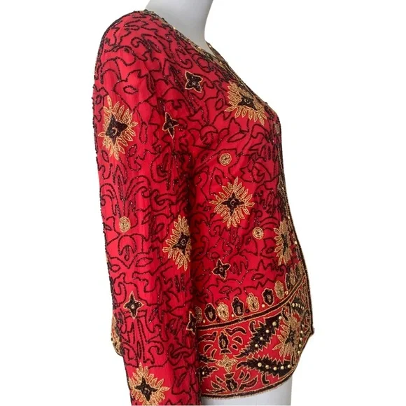 Papell Boutique Evening Vintage 90’s Silk Beaded Jacket Embellished Red Gold 12 - Picture 8 of 16